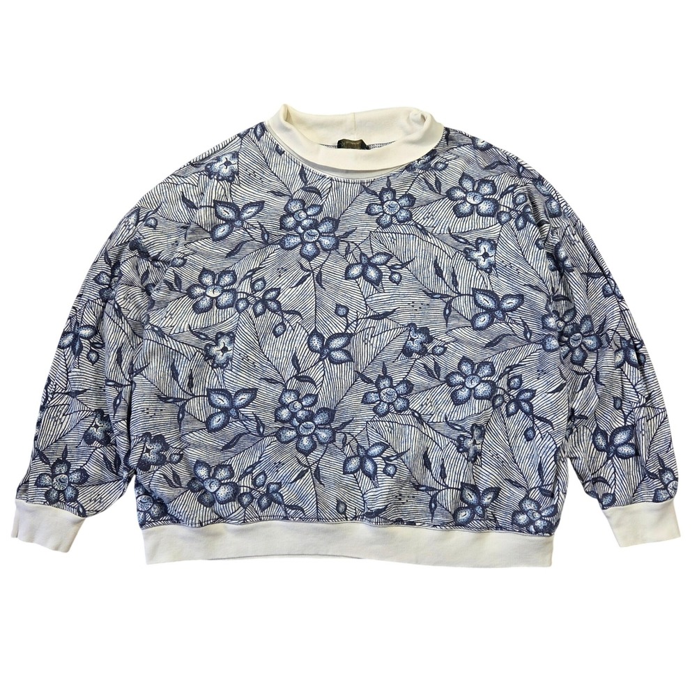 Vintage Boundary Waters Floral Mock Neck Sweatshirt Blue White Made in USA XL
